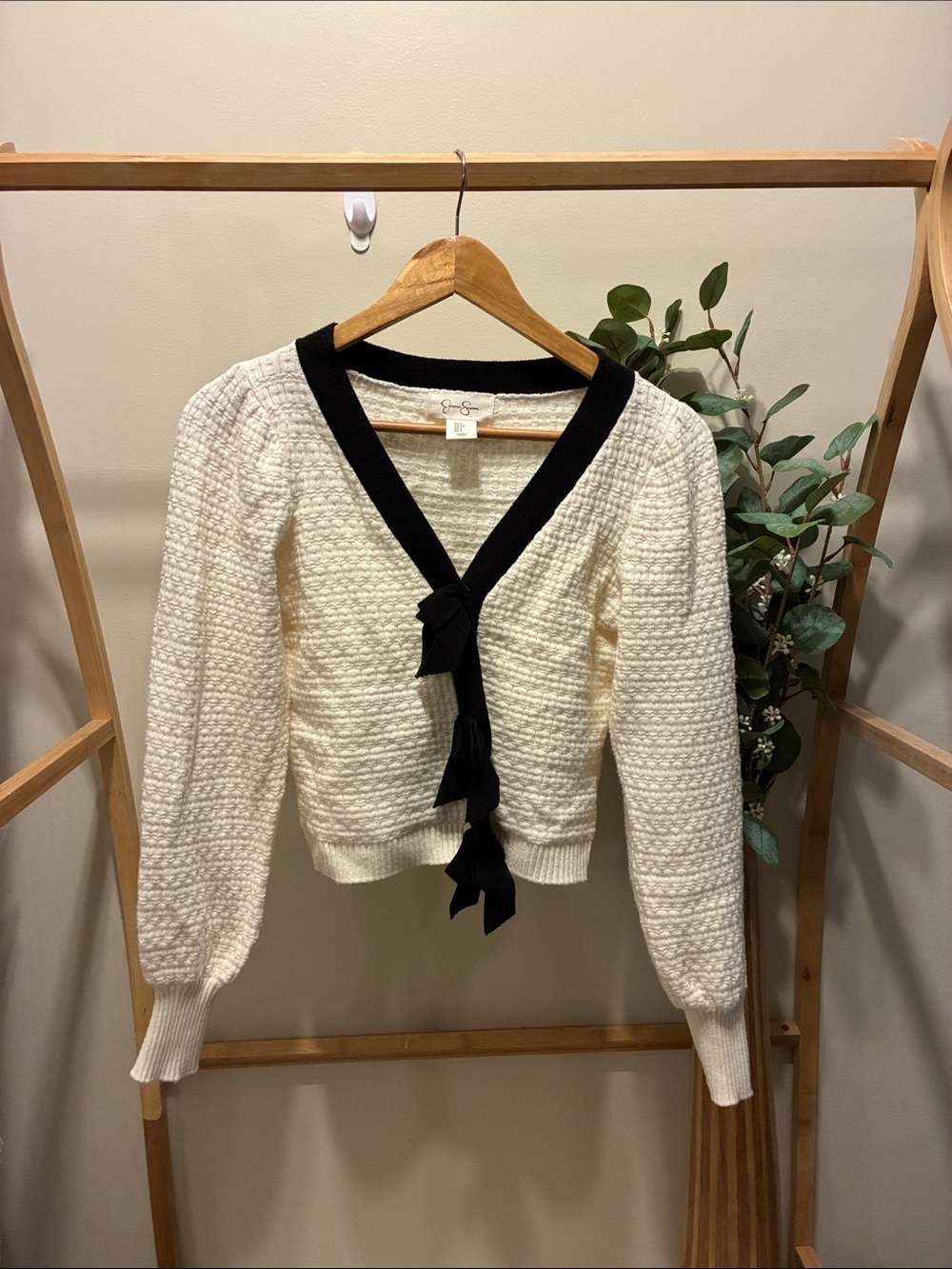 Jessica Simpson Cream Knit Cardigan with Black Bow Trim